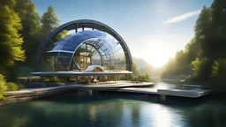 6003. Innovative environmentally-friendly home, solar panels, water wheel in river, alternative energy, scientific experiment, home of the future, fantasy, robotic, magic, automated, spectacular, futuristic, beautiful lighting, attractive composition, photorealistic, extremely detailed, chiaroscuro