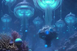 bioluminescent cyberpunk jellyfish, deep sea diver, extreme light, distant cyberpunk atlantis, organic, bio domes, coral, deep ocean, robotic, mariana trench midnight zone, bubbles, hyper realistic, hyper detailed, digital art, trending in artstation, studio quality, photorealistic, photo, by jesper ejsing, wlop, paul lehr