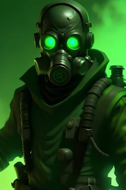 Sick looking villain wearing a gas mask that has a cool green combo with pistols for hands