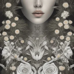 yarrow, yew, dried roses,wormwood, rue, lilies, locust branches, asphodel, cypress wood woman, beautiful face, half of face rotten