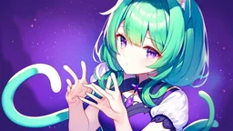 A girl with green hair touches a magical purple stone by the river, and she ears start growing up! Her tail suddenly appears like a cat tail, her hands is cat paws