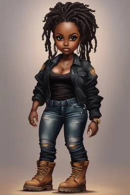 create a EXPRESSIVE OIL PAINTING image of a curvy size chibi dark skinned Black female wearing a black jean outfit with timberland boots. Prominent make up with brown eyes and lush lashes. Highly detailed dread locs