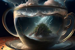 Storm in a glass tea cup, photorealistic, Dramatic Lighting. Lightning shooting both inside and out of the cup. Otherworldly atmosphere, intricate details, highly detailed, Artgerm elegant extremely detailed fantasy 8k masterpiece fantastic view crisp quality Jacek Yerka Alexander Jansson Kevin Sloan