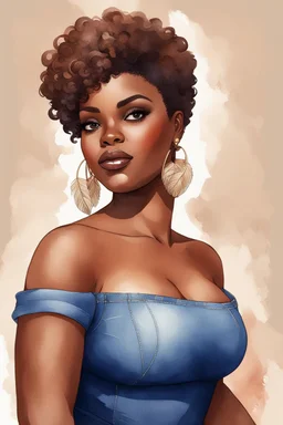 create a watercolor illustration of a plus size dark skinned black female wearing Tight blue jeans and a hazel brown off the shoulder blouse. Prominent make up with long lashes and hazel eyes. She is wearing brown feather earrings. Highly detailed short pixie cut