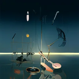 dusk landscape with lake,boat and human body, universe-like Soap Bubble,complex surgical instruments mixed with human body-like musical instruments,minimalism,Painting By Adrian Ghenie, Rene Magritte, Salvador Dali, Lucian Freud