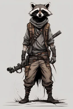 full body of a raccoon thief, post-apocalyptic, concept art sketch, blank background