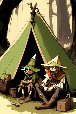 Snufkin from moomins pictured as Dungeons and Dragons styled tall wood elf sitting next to a tent that has a longbow leaning on it