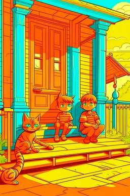 kids illustration, Cats on the porch, cartoon style, thick lines, low detail, vivid color