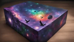 a box 10 cm long by 5 cm wide and 25 cm high, drawn on a box on all sides, space, tress, planets, crow galaxies a lot of colours purple, green and red, portal too others galaxy, realistic