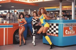 one woman in bright colorful and checkered (high res photo by Russ Meyer in the 70ties) super heroine in leotard (chevron, lycra, nylon, spandex, tights) stops a massive violent thief at a gas stations, she is the queen of jujustu