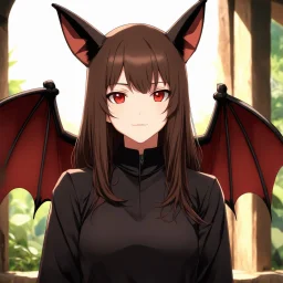 A closeup headshot portrait of a bat demihuman which is a human with bat characteristics. woman with long brown hair, red eyes, brown bat ears and brown bat wings, inside a modern zoo, intricately detailed, cell shaded anime style