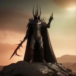 Sauron, the mighty lord of darkness, standing on a rock in the dark land of Mordor, a super-hero man of infinite power and technology of the galactic race, with a great army, a large moon disk behind him, and a fiery sword in his hand