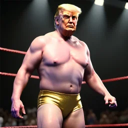 Realistic photo, Donald trump wrestler, wrestling, naked torso, color breeches, suspenders, retro style, 80s, hot ambient, photo studio, red, gold, vibrant color, gradient, highly detailed, art stations, concept art, smooth, unreal engine 5, god rays, ray tracing, RTX, lumen lighting, ultra detail, volumetric lighting, 3d, finely drawn, high definition, high resolution.