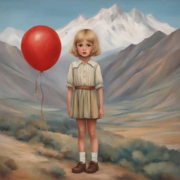 1970s, blond Little girl , in the style of Margaret Keane, she is standing on a red balloon in the andes mountains