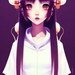 Japanese girl with big brown eyes and long black hair with bangs, cute, beautiful, kawaii, anime, cartoon