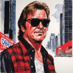 2/3 portrait of Roddy Piper from 1988 wearing black shades, lumberjack red and black button-down shirt, mullet, movie still from 'They Live' movie, background is a city with a white billboard reading "OBEY" in black letters, watercolor and ink