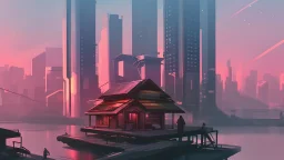 small Wooden Cabin, In cyberpunk city-skyline,