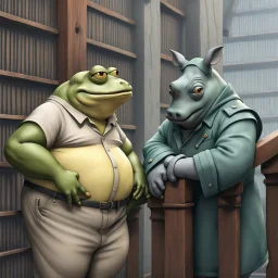 close up 3d illustration very fat yellow and green color big anthropomorphic frog in simple t-shirt and pants stands close and elbowing on an old wooden railing next to each other and talking with a strong gray anthropomorphic rhinoceros without horns in modern security guard clothes, they talking and elbowing on an old wooden railing next to each other, in background a bibliothek with tall book shelves, detailed sci-fi, fantasy mood