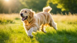 a joyful golden retriever running through a sunlit meadow, vibrant green grass, warm sunlight, dynamic action shot, happy and carefree, nature, energetic, high resolution, wide angle –upbeta