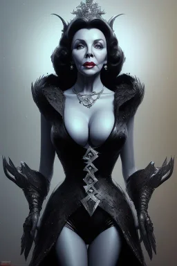 Joan Collins as evil queen in black leather, leather, busty, cleavage, angry, stern look. character design by cory loftis, fenghua zhong, ryohei hase, ismail inceoglu and ruan jia. unreal engine 5, artistic lighting, highly detailed, photorealistic, fantasy