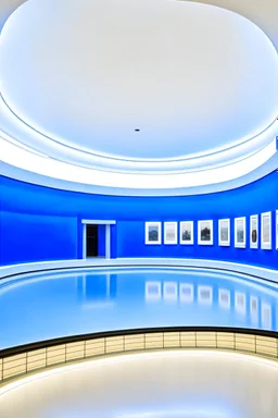 Museum blue wall paintings, oval walls and white floor