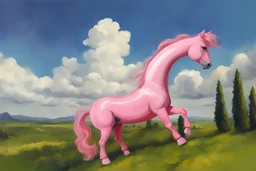 Big pink plastic toy horse.19th painting