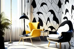 human feet pattern decorated wallpaper in the background and a penguin shaped and penguin coloured (black and white) armchair in a modern room in sunshine