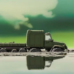 hyperrealistic shot, muddy military toy truck, monotone color palette, sharp focus, puddle reflection, tire water splash, refraction, mist on the horizon, shadowcast, detailed and intricate, cinematic composition, micro, tilt shift photography