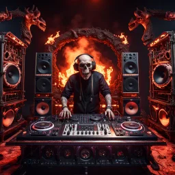 DJ of the damnded, insanely detailed DJ booth in hell, MID set, speakers and equipment made of bone, anatomically correct, add more skulls in th audience, photorealism, vray, 8k 3d