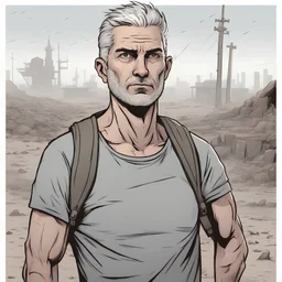 Portrait, 40 years old male character with grey hair, t-shirt comic book illustration looking straight ahead, post apocalypse