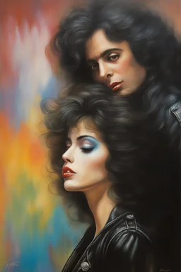 oil painting, text "KISS" - facial portrait with makeup - 20-year-old Jerry Lewis with long, wavy curly black 1980's style big hair, wearing a black leather jacket, extremely colorful, multicolored watercolor stained wall in the background - in the art style of Boris Vallejo, Frank Frazetta, Julie bell, Caravaggio, Rembrandt, Michelangelo, Picasso, Gilbert Stuart, Gerald Brom, Thomas Kinkade, Neal Adams - explosions, flames, fog, clouds, dust,