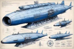 [Blueprint and 3D detailed technical view with all specs by Jean-Claude Mézières for the Weyland-Yutani megacorp (1967)] Ultimate design for the heavily armed SCUBA scout with six fins, in the vein of a submarine high impact vehicle for a quick action or some such.