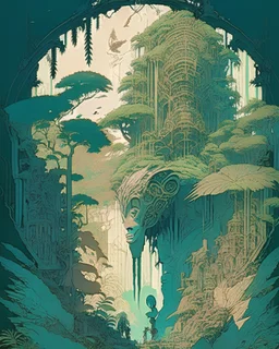 A captivating depiction of a crumbling ancient civilization, overtaken by lush vegetation and mysterious, mythical creatures, in the style of eco-futurism, detailed linework, atmospheric lighting, and harmonious color palettes, influenced by the works of Hayao Miyazaki and Jean Giraud, exploring the relationship between humanity and nature.