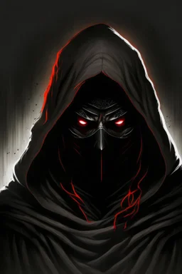 Dark warrior, black robe, not visible face, comic style, red eyes
