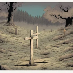 one dirt grave, wood cross, comic book, illustration,