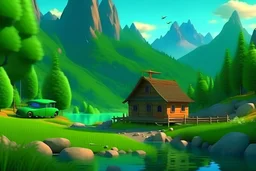 Beautiful mountains with catfish in cherished shades on Kotorovo, a small house and a car can be seen far away and everything is in green shades 3D graphics +/- cartoon height 3,000