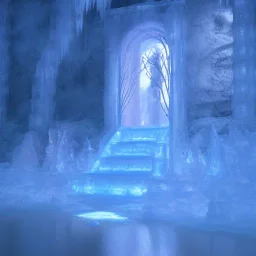 ethereal winter flowers, carved ice door at the end of ice steps, magical atmosphere, Beardsley, Unreal render, cinematic blue