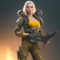 war female character,3d, realistic, guns, futuristic, different posees, digital, highres, floating, whole body and head, legs , yellow hair,