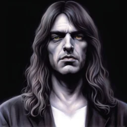 Artists Michael Whelan and Gerald Scarfe unleash a captivating portrait illustration of pink floyd's David Gilmore, his searing countenance dominating the canvas, clear eyes piercing through enveloping darkness, brilliantly grounded against the backdrop of an elusive nightmare, hyperrealistic