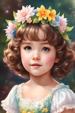 a painting of a little girl with a flower crown on her head, portrait of Shirley Temple, realistic cute girl painting, realistic anime style at pixiv, kawaii realistic portrait, realistic anime art style, realistic anime artstyle, fairy cgsociety, carlos ortega elizalde, realistic anime 3 d style, detailed portrait of anime girl, semirealistic anime style, photorealistic anime girl render