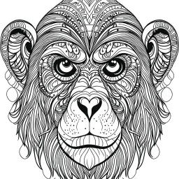 Monkey, front view, mandala, minimal lines, cartoon, white back ground color, real style, realistic, minimalistic, minimal black line art, line art, crisp line art, unique coloring sheet, outlined, outline, crisp, crisp line edges, illustration, thin lines, crisp clear lines, line art, clean line art, unique, 8k, amazing, masterpiece, no colors, no dark color, no black color, avoid thick black, minimalistic line edges, pure white back ground, image character full fit to page,