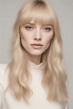 A woman in her 20s, with blonde hair in a long bob with a fringe, brown eyes and pale skin, she wears lighter colours