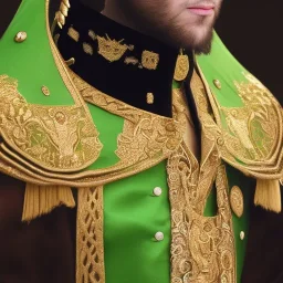 King wears garments of fine green silk, and gold embroidery. And adorned with bracelets of silver,