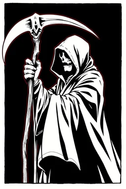 hooded Grim-Reaper gripping scythe(upward), vignette, black and white graphic novel style with a red outline, and black background,