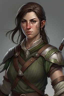 50 year old large broad female half elf brown hair fighter