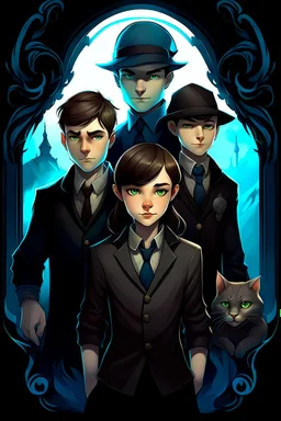 Design a book cover for fantasy criminal story. Three teenage detectives are in the centre. One girl and two boys. Black Cat as a company. The book is for teenagers