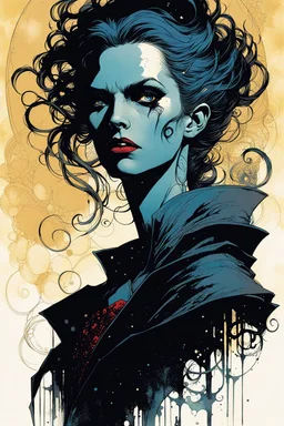 create an ethereal, otherworldly female Ravnos vampire time traveler , in the comic book art style of Mike Mignola, Bill Sienkiewicz, and Jean Giraud Moebius, with highly detailed feminine facial features , finely inked , dramatic natural lighting