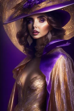 full body long shot of Ana de Armas as a mysterious beautiful stranger, sophisticated layered light dress with perls, McQueen and Philip Treacy, an atmosphere of mystery and charm, intricate background, shimmer, a graceful and playful hat with a light veil covering the upper part of the face, violet and gold palette, wlop and artgerm, intricate, complex, rich deep color, photo-realistic, super-resolution, elegant, dynamic lighting, sharp focus, colourful, octane render, unreal engine, award-winn