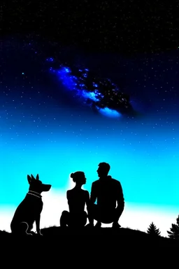 black background on a mountaintop and three silhouettes of a fit man, a silhouette of a fit woman, and silhouette of a Belgian malinois sitting next to the men and the woman looking at the stars