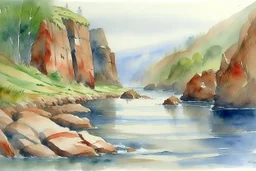 River scene by cliffs in wet watercolour